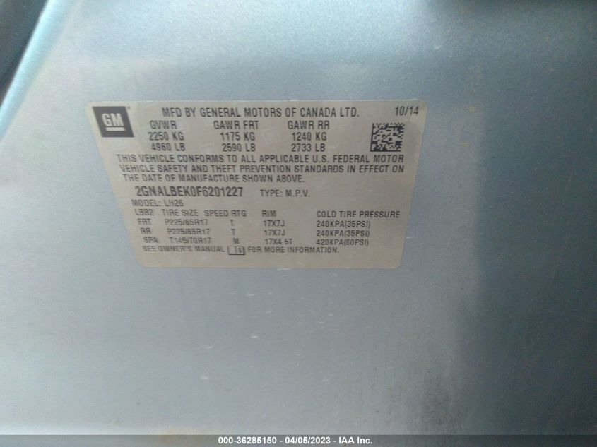 2015 CHEVROLET EQUINOX LT - 2GNALBEK0F6201227