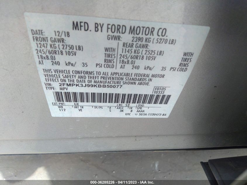 2019 FORD EDGE SEL - 2FMPK3J99KBB50077