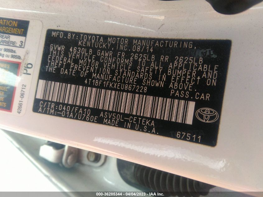 2014 TOYOTA CAMRY L/LE/XLE/SE/SE SPORT - 4T1BF1FKXEU867228