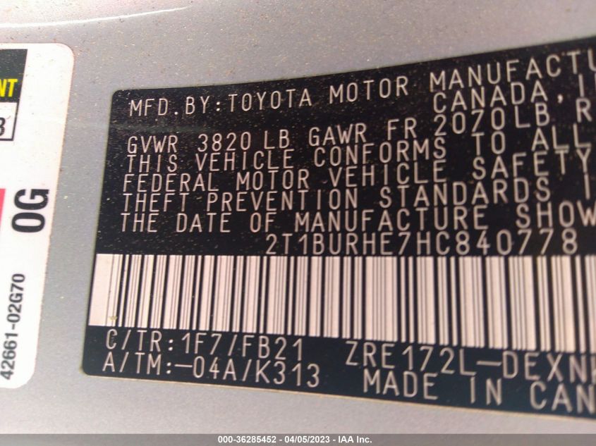 2017 TOYOTA COROLLA L/LE/XLE/SE - 2T1BURHE7HC840778