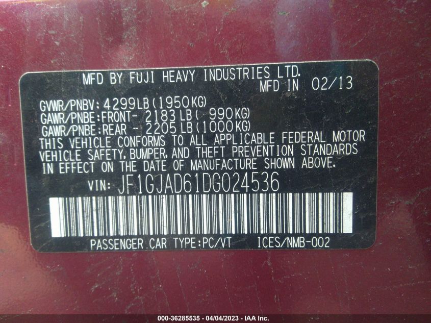 2013 SUBARU IMPREZA SEDAN PREMIUM - JF1GJAD61DG024536