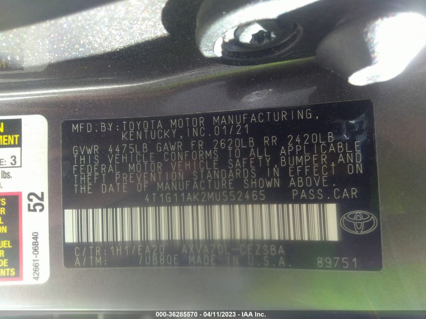 2021 TOYOTA CAMRY SE - 4T1G11AK2MU552465