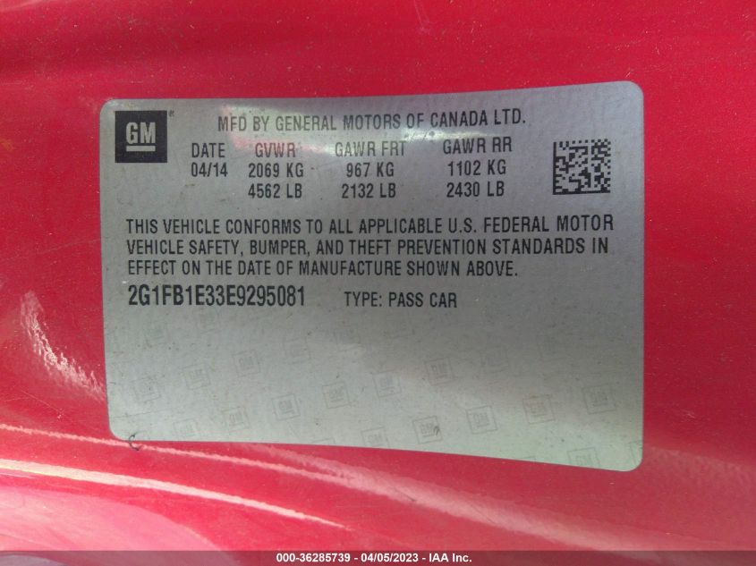 2014 CHEVROLET CAMARO LT - 2G1FB1E33E9295081