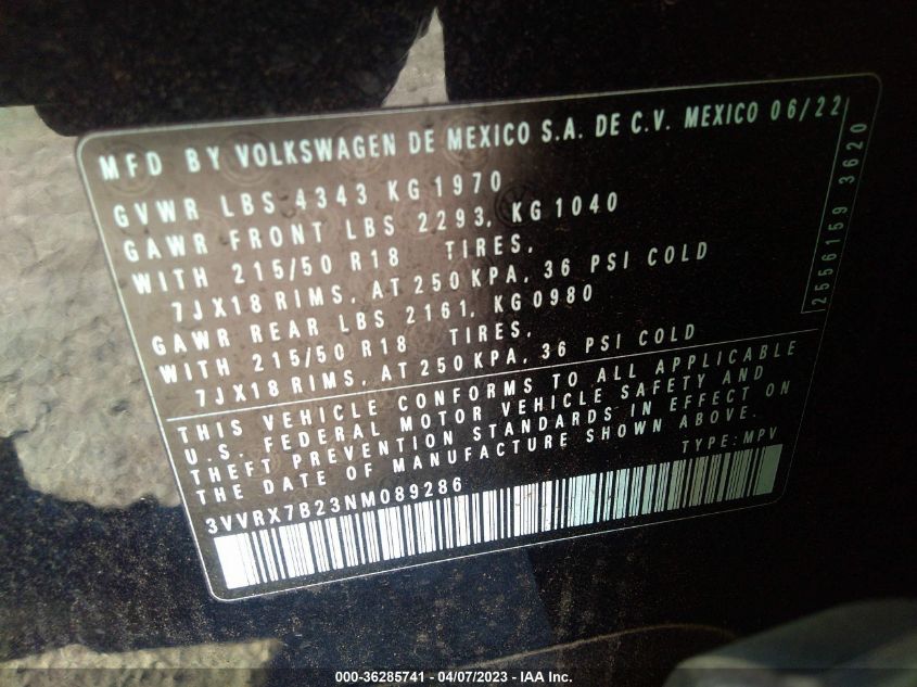 2022 VOLKSWAGEN TAOS SE - 3VVRX7B23NM089286