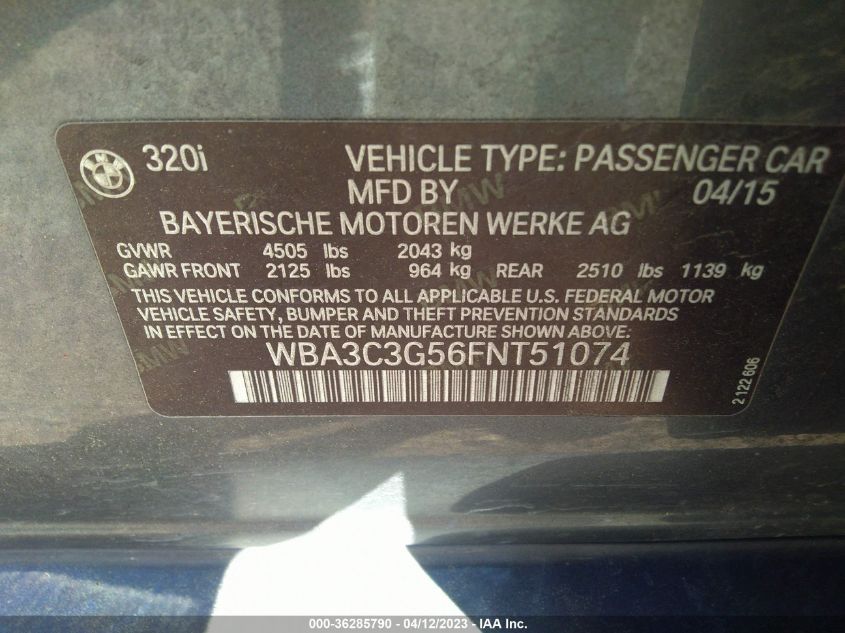 2015 BMW 3 SERIES 320I XDRIVE - WBA3C3G56FNT51074