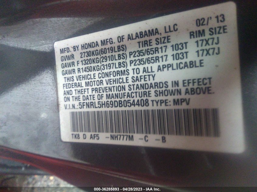 2013 HONDA ODYSSEY EX-L - 5FNRL5H69DB054408