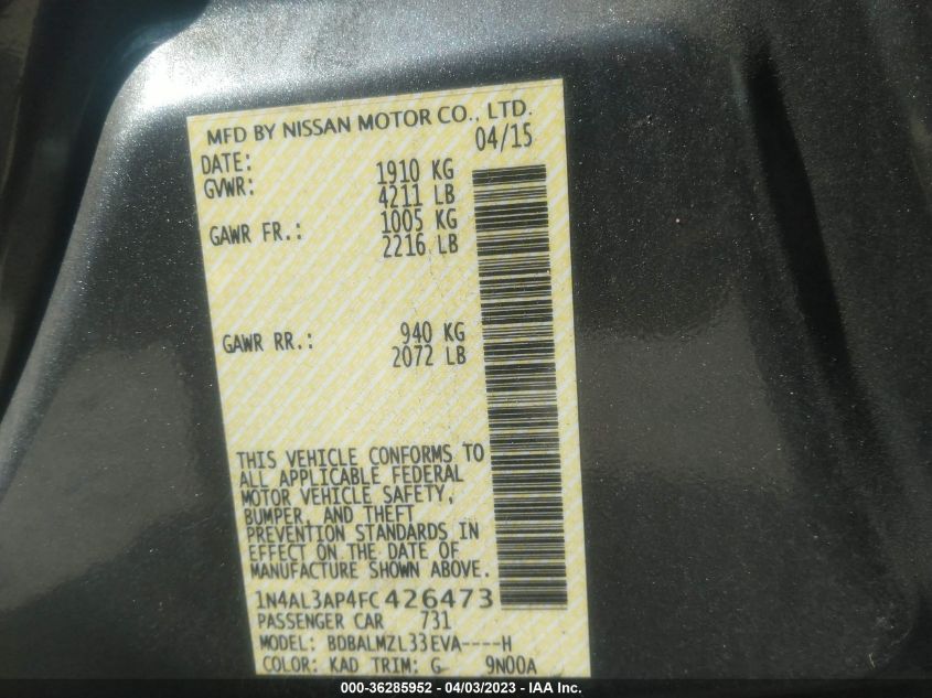 2015 NISSAN ALTIMA 2.5 SV - 1N4AL3AP4FC426473