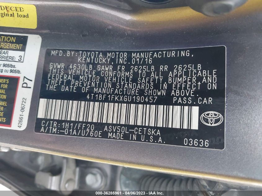 2016 TOYOTA CAMRY XLE/SE/LE/XSE - 4T1BF1FKXGU190457