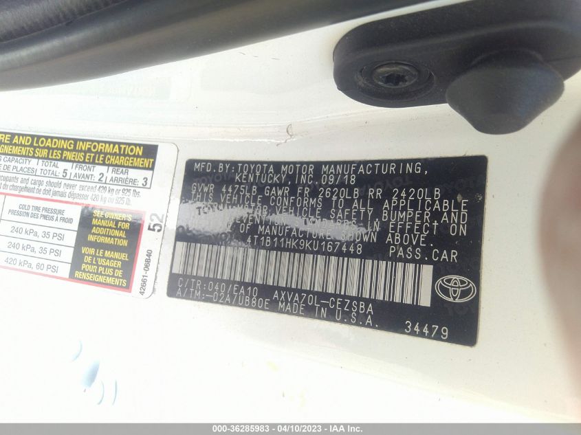 2019 TOYOTA CAMRY LE/SE/XLE/L - 4T1B11HK9KU167448