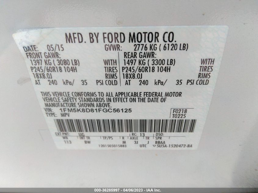 2015 FORD EXPLORER XLT - 1FM5K8D81FGC56125
