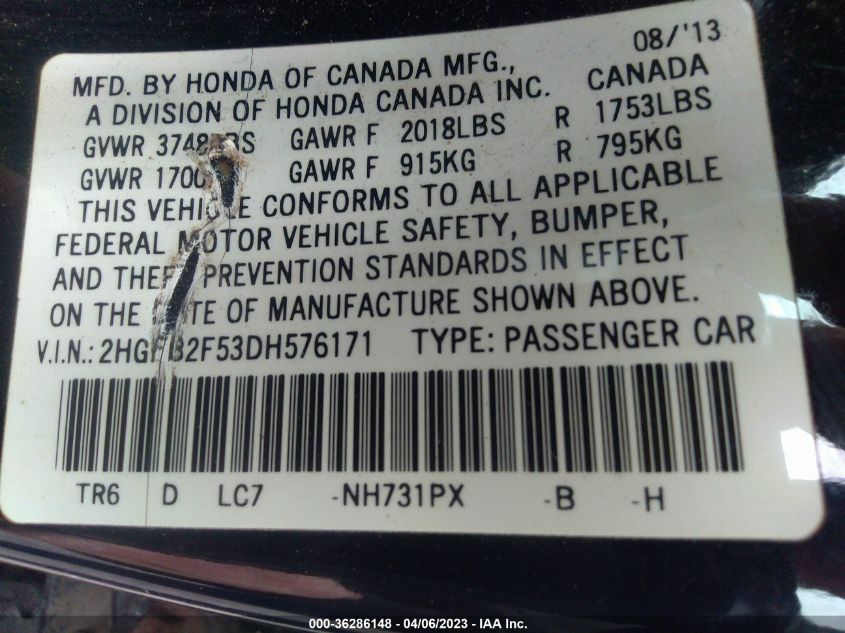 2013 HONDA CIVIC SDN LX - 2HGFB2F53DH576171