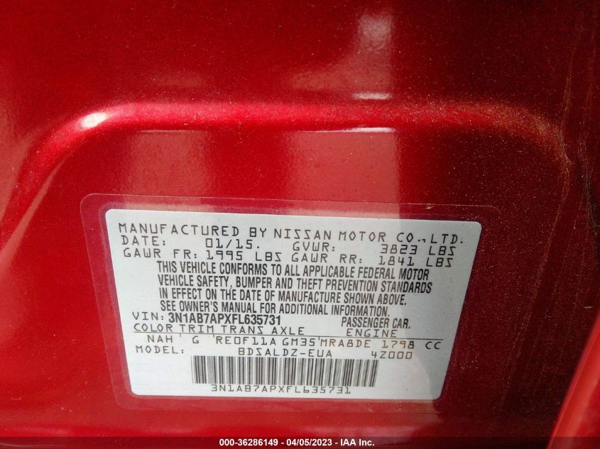 2015 NISSAN SENTRA SR/SL/S/SV/FE+ S - 3N1AB7APXFL635731