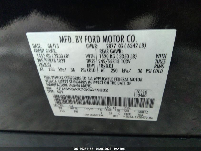 2016 FORD UTILITY POLICE 1FM5K8AR7GGA19282