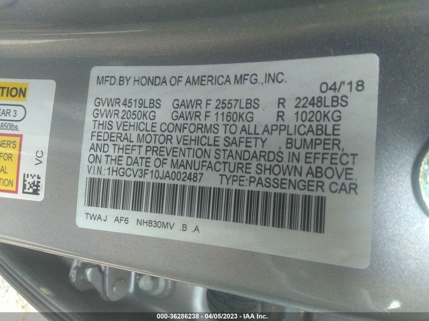 VIN 1HGCV3F10JA002487 2018 HONDA ACCORD HYBRID