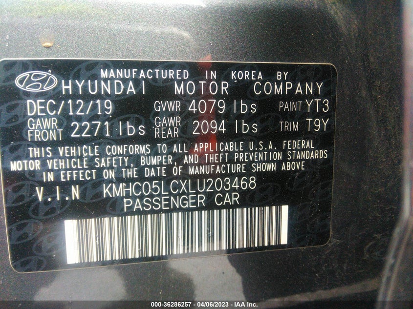 VIN KMHC05LCXLU203468 2020 HYUNDAI IONIQ HYBRID LIMITED