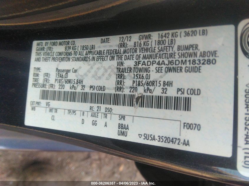 2013 FORD FIESTA S - 3FADP4AJ6DM183280