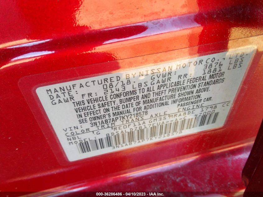 2019 NISSAN SENTRA SV - 3N1AB7AP7KY218578
