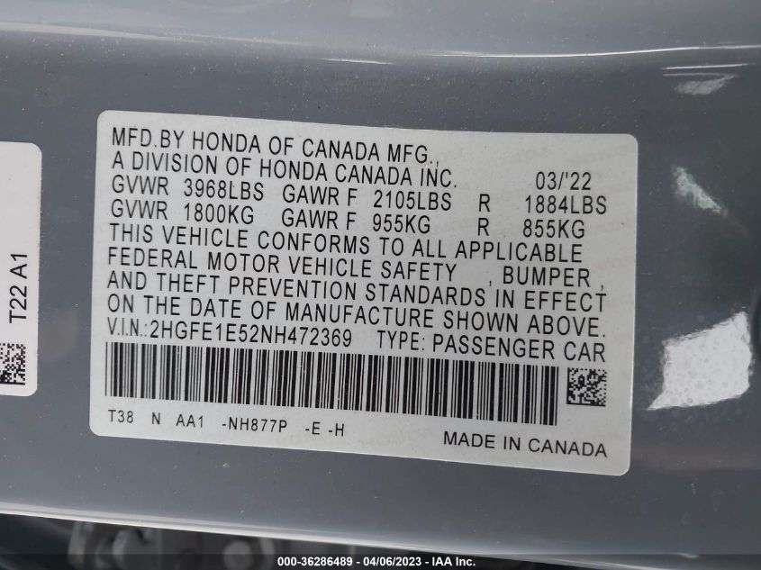 2022 HONDA CIVIC SI 2HGFE1E52NH472369