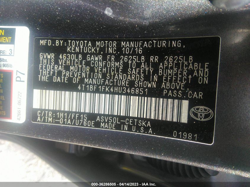 2017 TOYOTA CAMRY XLE/SE/LE/XSE - 4T1BF1FK4HU346851