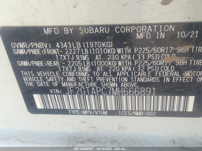 VIN JF2GTAPC7MH666891 2021 SUBARU CROSSTREK PREMIUM
