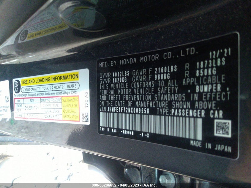 VIN JHMFE1F72NX009558 2022 HONDA CIVIC SEDAN EX