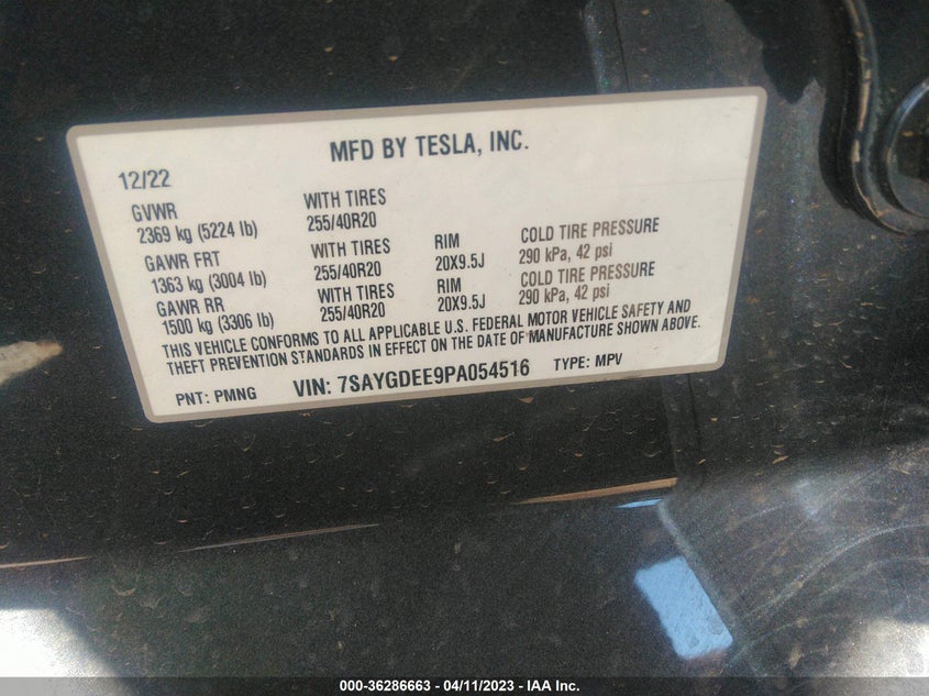 VIN 7SAYGDEE9PA054516 2023 TESLA MODEL Y LONG RANGE