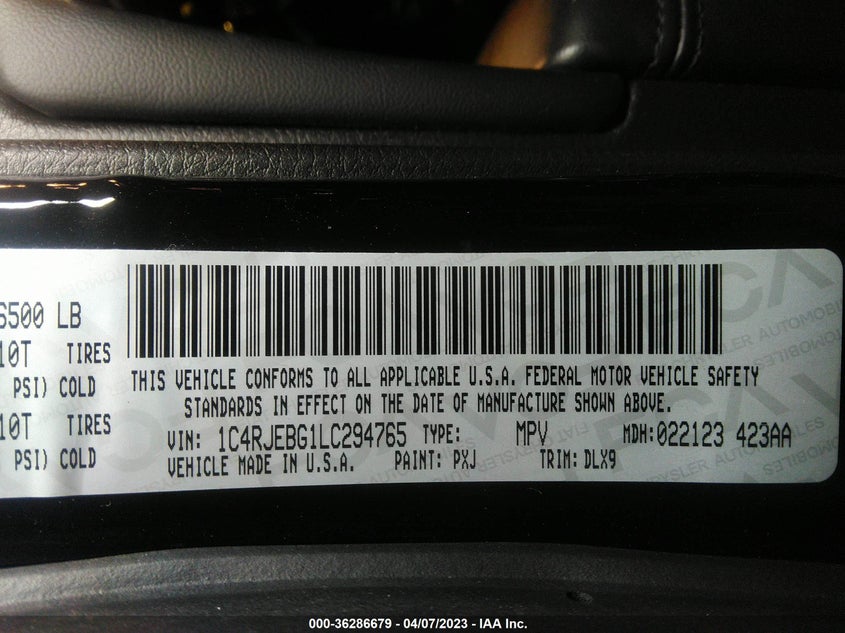 VIN 1C4RJEBG1LC294765 2020 JEEP GRAND CHEROKEE LIMITED