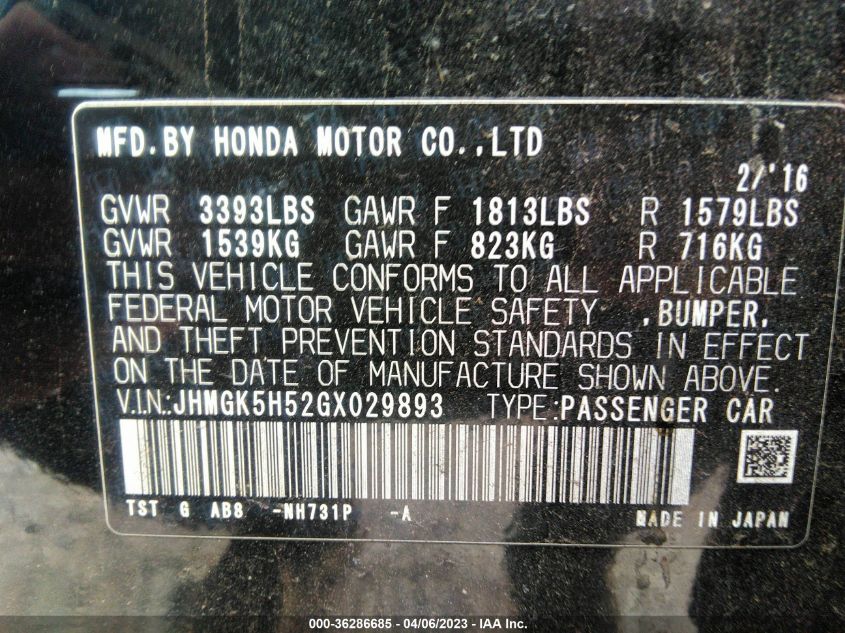 2016 HONDA FIT LX - JHMGK5H52GX029893