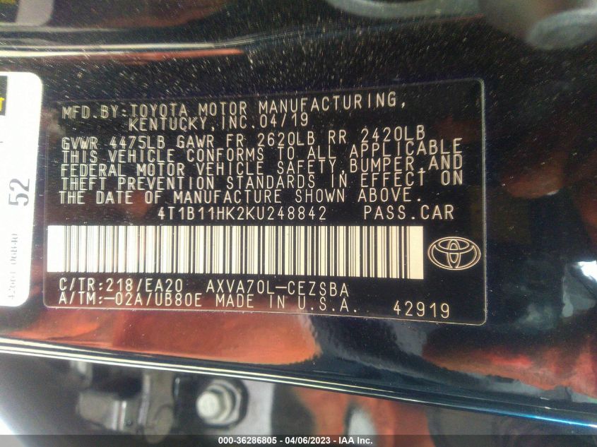2019 TOYOTA CAMRY LE/SE/XLE/L - 4T1B11HK2KU248842