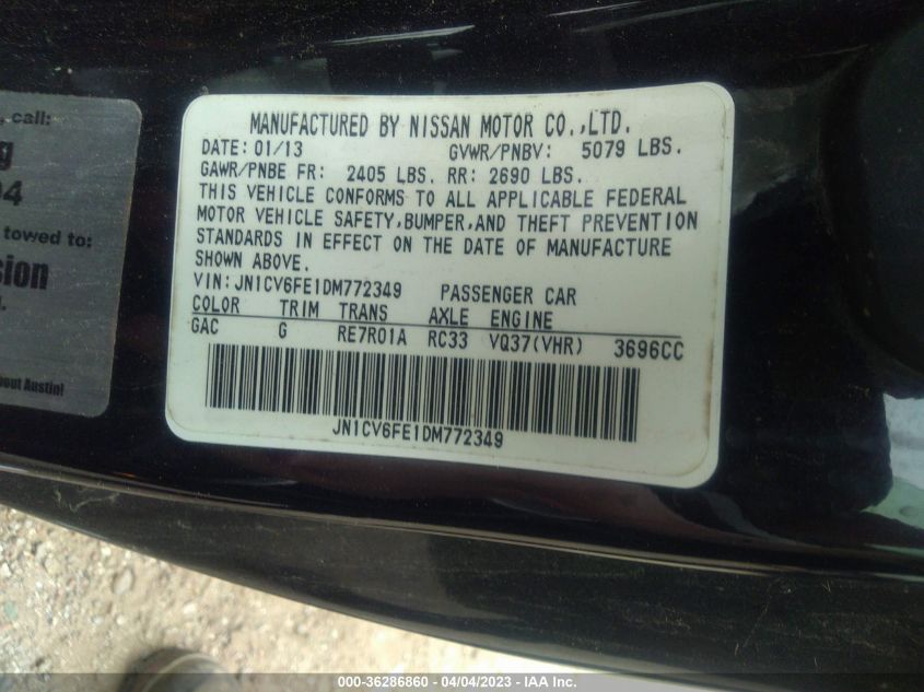 2013 INFINITI G37 CONVERTIBLE BASE - JN1CV6FE1DM772349