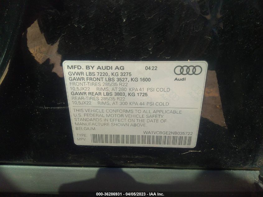 2022 AUDI E-TRON S PRESTIGE WA1VCBGE2NB035722