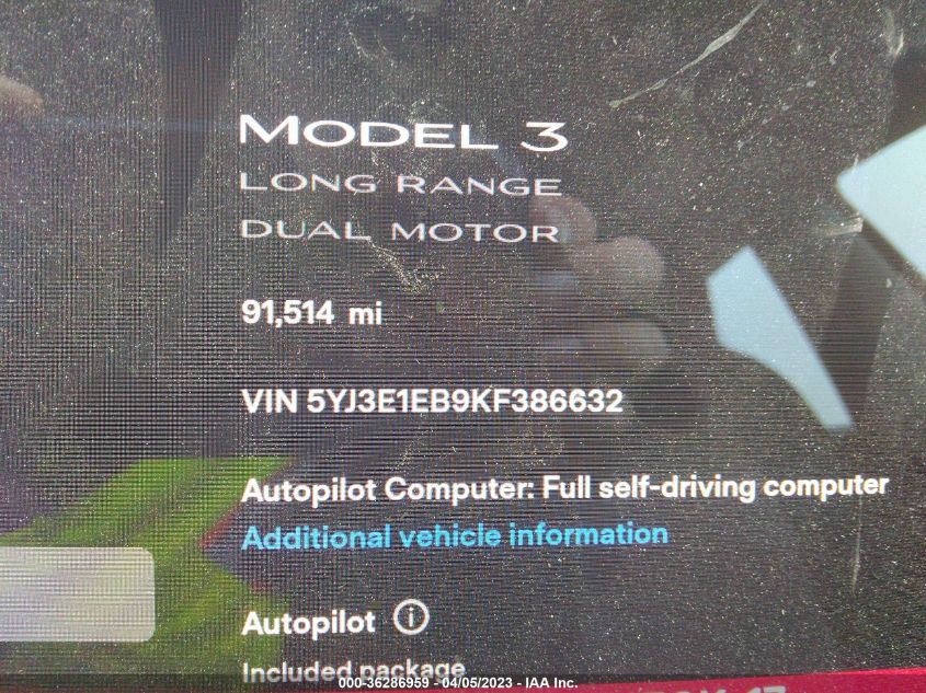2019 TESLA MODEL 3 LONG RANGE/PERFORMANCE - 5YJ3E1EB9KF386632