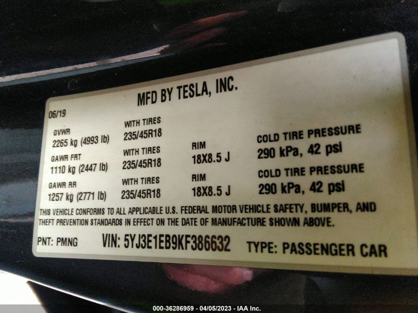 2019 TESLA MODEL 3 LONG RANGE/PERFORMANCE - 5YJ3E1EB9KF386632
