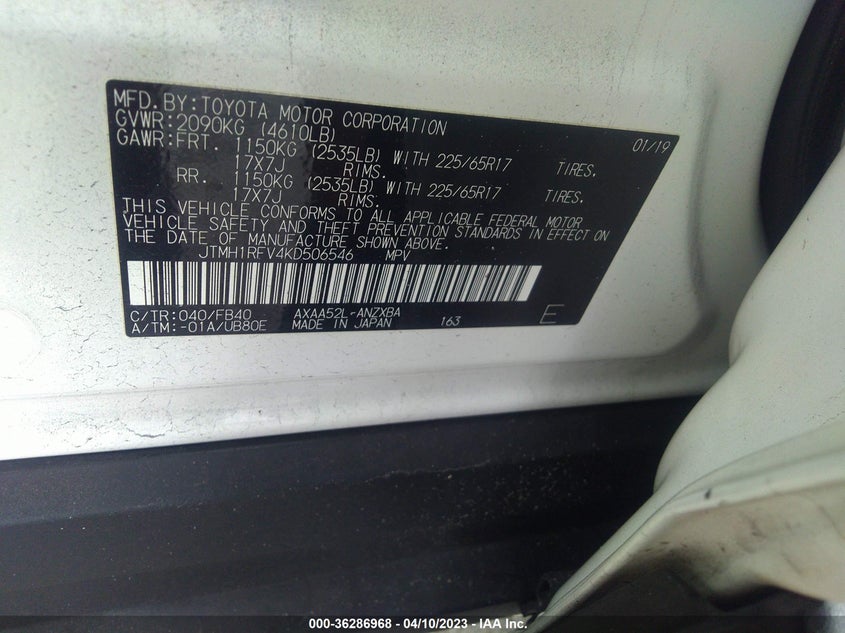 VIN JTMH1RFV4KD506546 2019 TOYOTA RAV4 LE