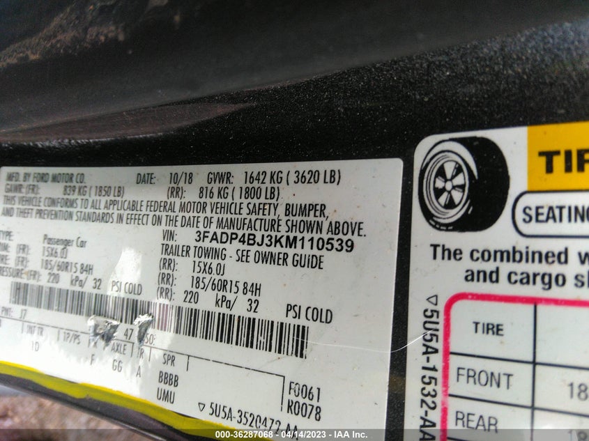 VIN 3FADP4BJ3KM110539 2019 FORD FIESTA SE
