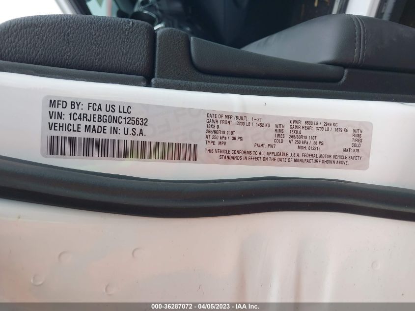2022 JEEP GRAND CHEROKEE WK LIMITED - 1C4RJEBG0NC125632