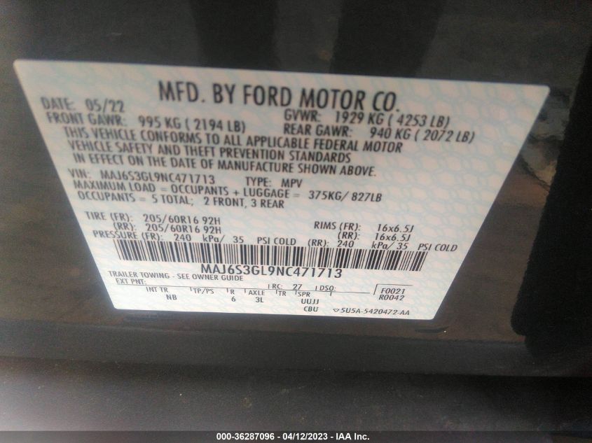 2022 FORD ECOSPORT SE - MAJ6S3GL9NC471713