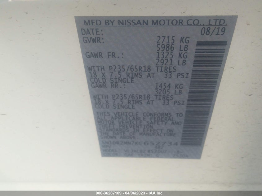 VIN 5N1DR2MN7KC652734 2019 NISSAN PATHFINDER S