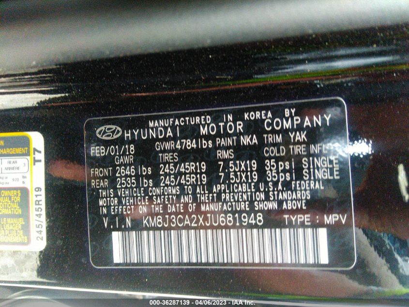 2018 HYUNDAI TUCSON LIMITED - KM8J3CA2XJU681948