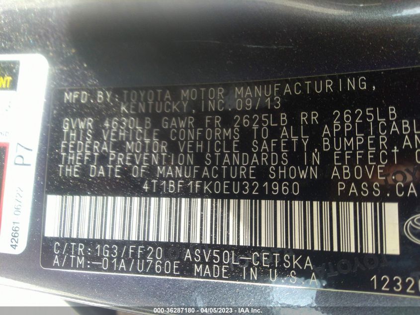 2014 TOYOTA CAMRY L/LE/XLE/SE/SE SPORT - 4T1BF1FK0EU321960