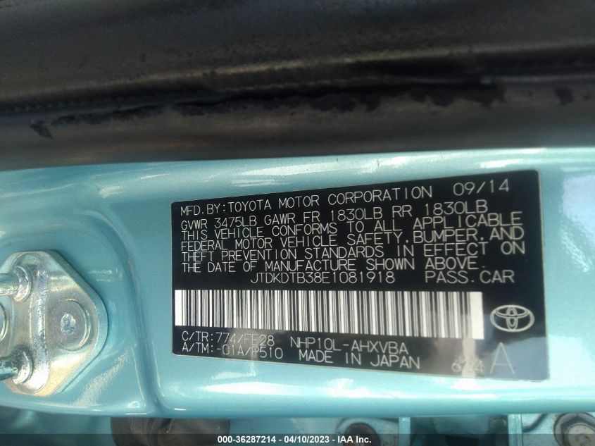 2014 TOYOTA PRIUS C ONE/THREE/TWO/FOUR - JTDKDTB38E1081918