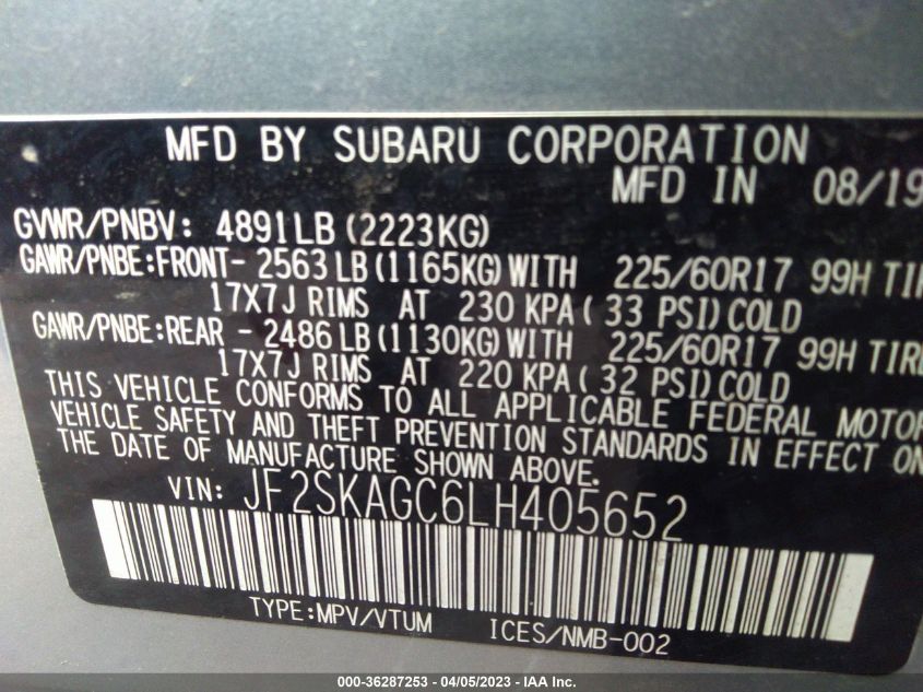 2020 SUBARU FORESTER PREMIUM - JF2SKAGC6LH405652