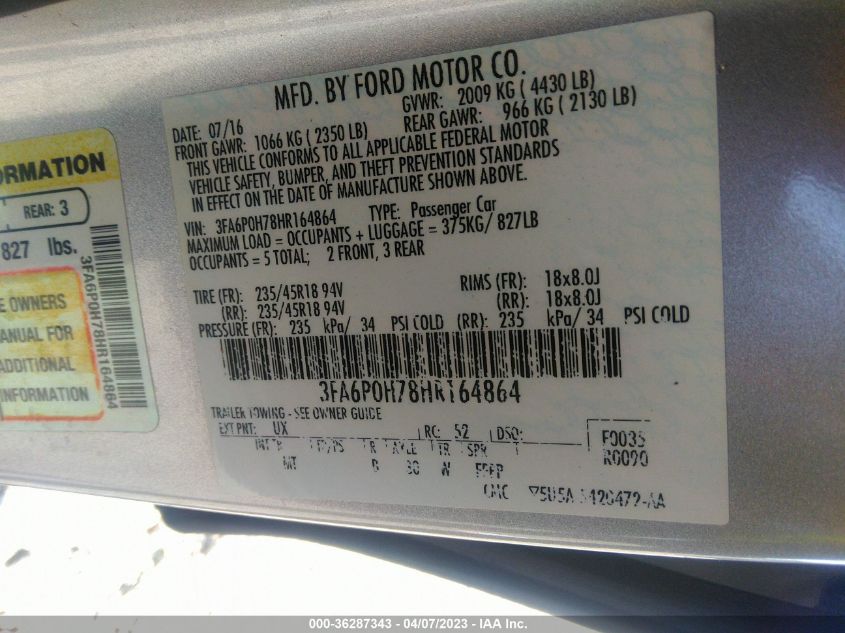 2017 FORD FUSION SE - 3FA6P0H78HR164864