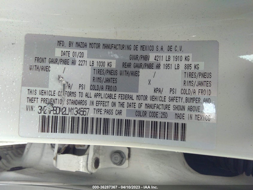 VIN 3MZBPBDM2LM134567 2020 MAZDA MAZDA3 SEDAN PREFERRED PACKAGE