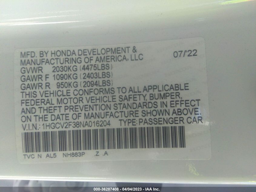2022 HONDA ACCORD SEDAN SPORT - 1HGCV2F38NA016204