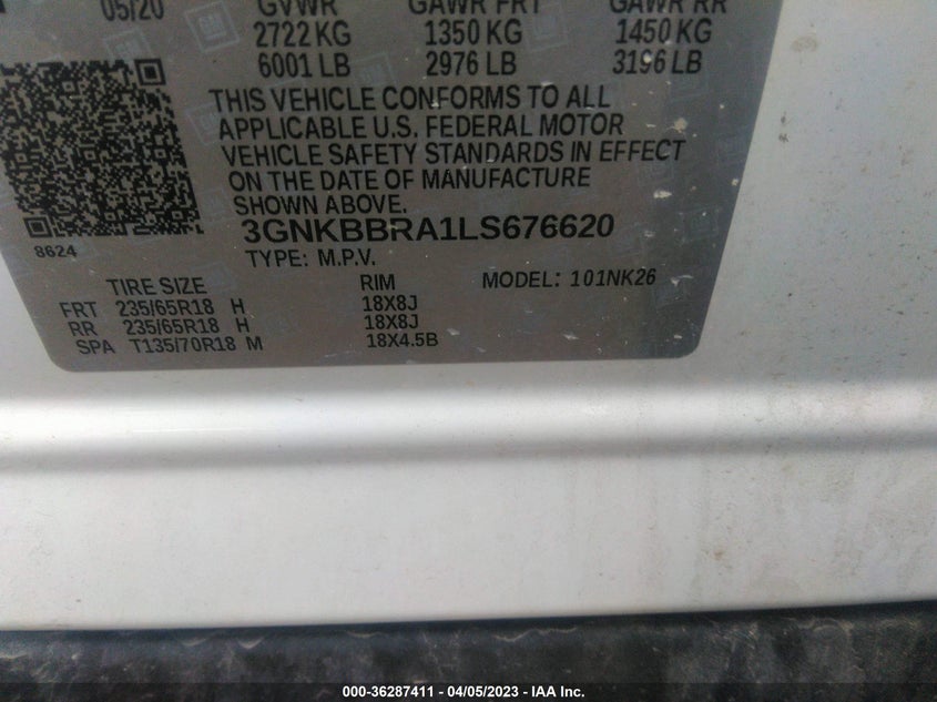 VIN 3GNKBBRA1LS676620 2020 CHEVROLET BLAZER LT