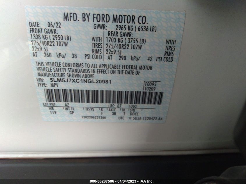 2022 LINCOLN AVIATOR RESERVE - 5LM5J7XC1NGL20981
