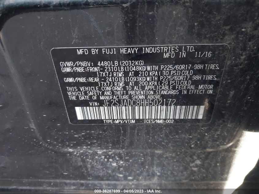 2017 SUBARU FORESTER PREMIUM - JF2SJADC8HH502172