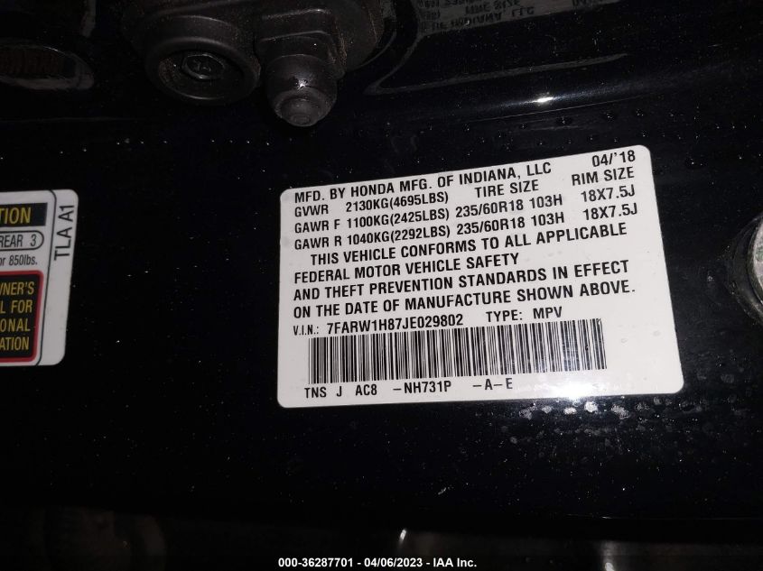 2018 HONDA CR-V EX-L - 7FARW1H87JE029802
