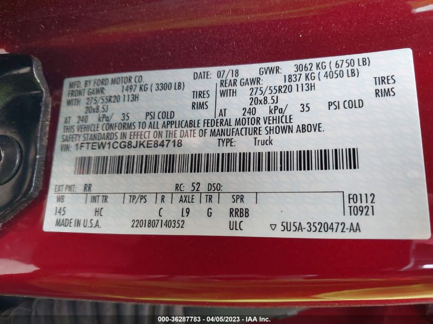 2018 FORD F-150 XL/XLT/LARIAT - 1FTEW1CG8JKE84718